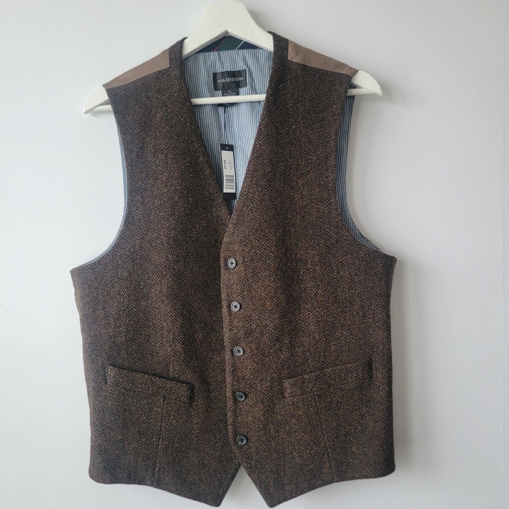 madison men's 100% wool herringbone waistcoat vest size L button front